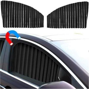 Sun Shade Car Curtain Pleated Silky Suction Magnetic (Black-Opaque, 2pcs)